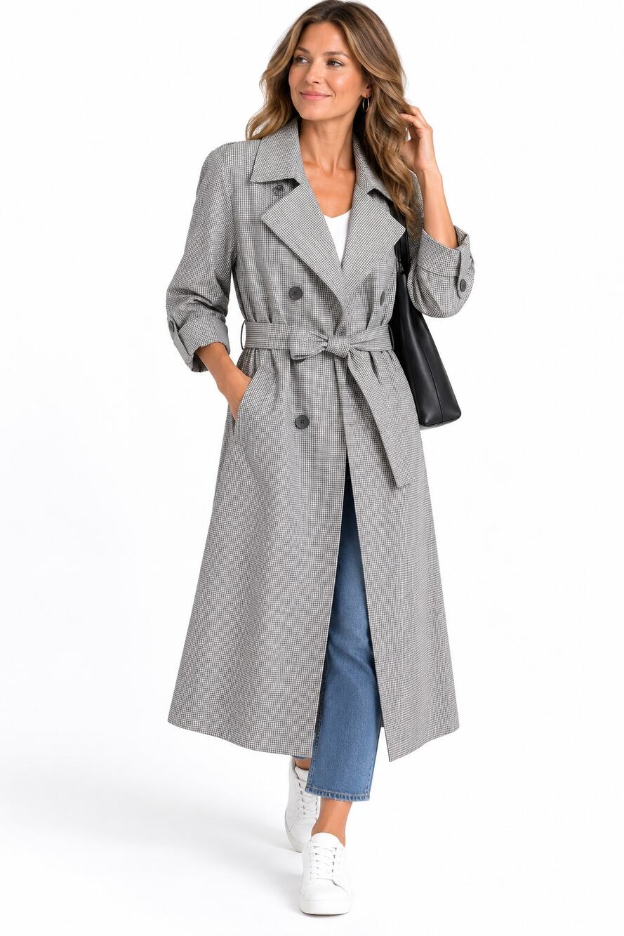 Vintage London Fog Women’s Trench Coat Sz Small Gray Check Belted Long Made USA